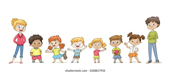 Cute children standing in a row and wave. Funny cartoon character. Isolated on white background.