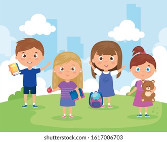 cute children standing smiling in landscape vector illustration design