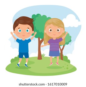 cute children standing smiling in landscape vector illustration design