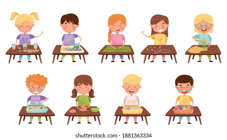 Cute Children Standing at Table and Playing Game with Sand, Clay and Beads Vector Set