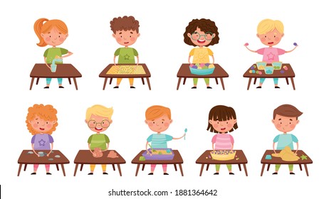 Cute Children Standing at Table and Playing Game with Water, Pebble and Sand Vector Set