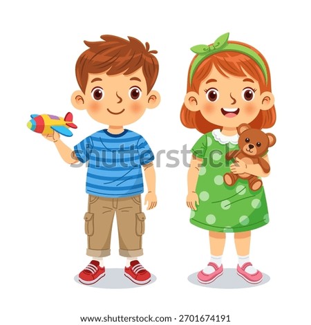 Cute children are standing together with their toys. The boy holds a colorful toy airplane, and the girl has a brown teddy bear. Vector illustration
