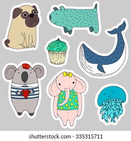 Cute children stickers set with animals, pug, dog, whale, koala, elephant, jellyfish and cupcake. Hand drawn style illustration