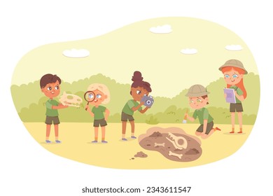 Cute Kinder studieren Archäologie Satz Vektorgrafik. Cartoon isolierte kleine Archäologen, die Lupe und Bürste halten, Kamera und Notebook, um fossile Knochen im Boden zu untersuchen