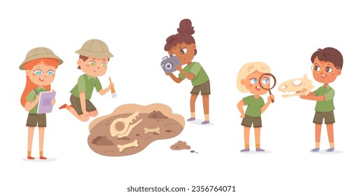 Cute children study archeology set vector illustration. Cartoon isolated little archaeologists characters holding magnifying glass and brush, camera and notebook for studying fossil bones in soil