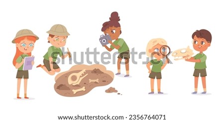 Cute children study archeology set vector illustration. Cartoon isolated little archaeologists characters holding magnifying glass and brush, camera and notebook for studying fossil bones in soil 商業照片 © 