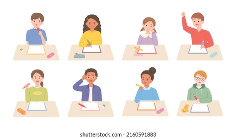 Cute children are studying with books open on the desk. flat design style vector illustration.