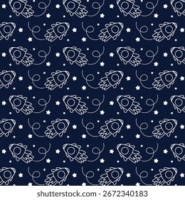Cute children style pattern illustration with outline vehicles and space rockets. Perfect for education, backgrounds, transportation themes, and creative design projects.