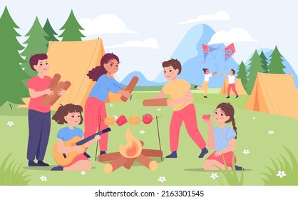 Cute children at summer camp in mountains. Happy boys and girls making friends, bringing wood for campfire flat vector illustration. Environment, leisure, camping concept for banner or landing page