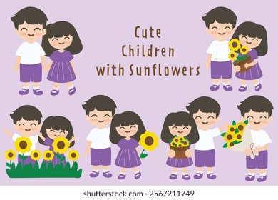 Cute Children with Sunflowers .