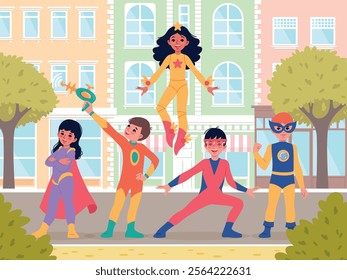 Cute children superheroes on city street. Kids play outdoors, colored jumpsuits and capes, young owners of super abilities, smiling boys and girls, cartoon flat isolated vector poster