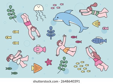 Cute children swimming underwater with fish, dolphin, jellyfish and sea plants. Adorable cartoon summer illustration for kids and ocean themes.