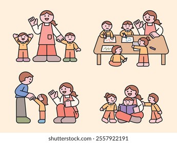 Cute children and teachers at the daycare center. They are drawing pictures and reading books together and having fun learning. Cuttiny character with outline.