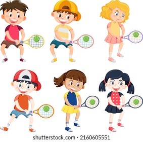 Cute children tennis players cartoon illustration