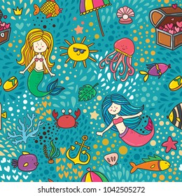 Cute children textile seamless pattern background with underwater magic life, mermaids, treasure, crab and fishes. Sweet summer vector illustration for wallpaper and card print design