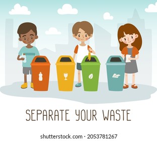 Cute children throw waste separately in recycling containers. Kids sorting garbage  banner. Poster about care of environment for schools, preschooler.