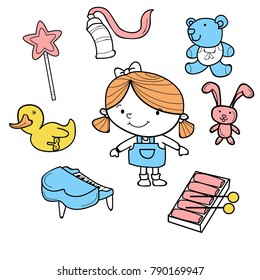 Cute children with toys cartoon doodle illustration