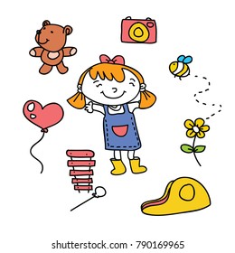 Cute children with toys cartoon doodle illustration