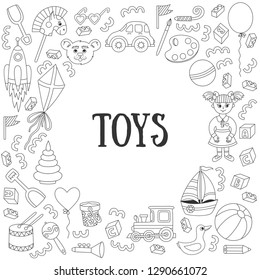 Cute children toys doodle line vector frame round decorative border for design