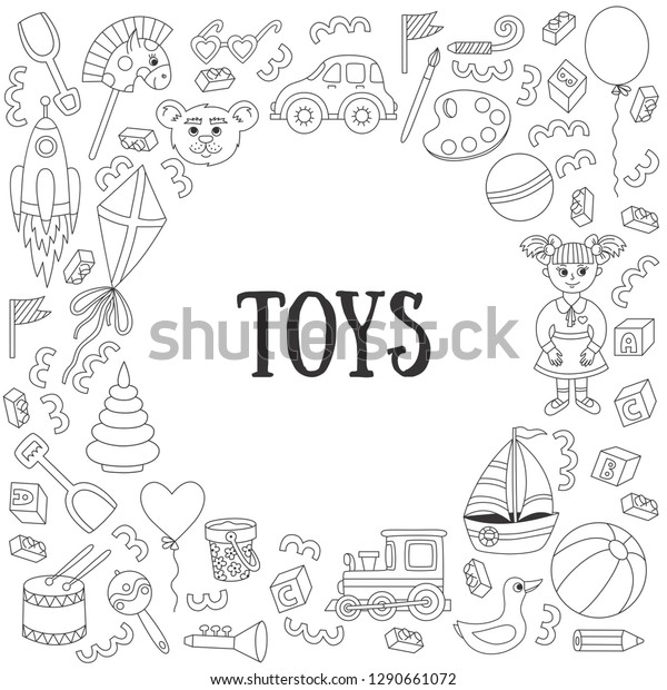 Cute children toys doodle line vector frame round\
decorative border for\
design