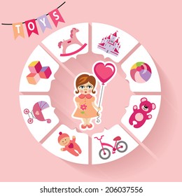 Cute children toys infographic with simple flat icons for baby girl.Cartoon little girl with a balloon .Vector circle business concepts for report or plan,education template,business brochure,diagram