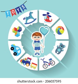 Cute children toys infographic with simple flat icons for baby boys.Cartoon little boy with a balloon .Vector circle business concepts for report or plan,education template,business brochure,diagram