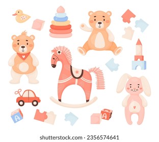 Cute Children toys. Plush toys teddy bear and bunny, duck, rocking horse, pyramid and cubes, puzzles and clockwork machine. Isolated vector illustration in cartoon style. Kids collection