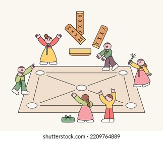 Cute children in traditional Korean costumes are playing Korean traditional games. flat design style vector illustration.