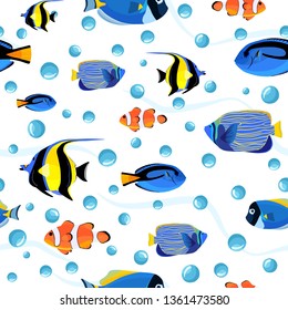 Cute children underwater background. Undersea fish seamless pattern with bubbles. Pattern of fish for textile fabric or book covers, wallpapers, design, graphic art, wrapping