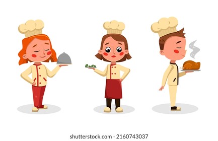 Cute children in uniform cooking tasty dishes set cartoon vector illustration