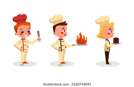 Cute children in uniform with kitchen tools set. Boy and girl chefs characters cooking tasty dishes cartoon vector illustration