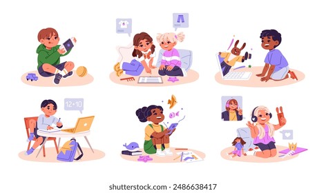 Cute children using gadgets set. Happy kids communicate, play with smartphone. Funny boys and girls study, watching cartoons with laptop, phone. Flat isolated vector illustrations on white background