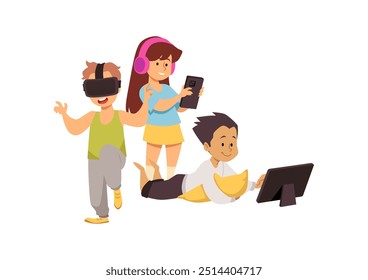 Niños lindos usando gadgets. Dispositivo de la tableta, smartphone, auriculares y gafas de la realidad virtual. Entretenimiento en línea para niños. Ilustración plana de Vector de dibujos animados. Adicción a las tecnologías digitales inteligentes