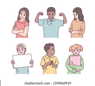 Cute children with various gestures. Realistic depiction character. hand drawn style vector design illustrations. 