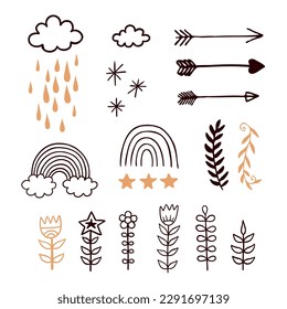 Cute children vector hand drawn illustrations set on white background. Weather types, growing plants and arrows graphic art collection