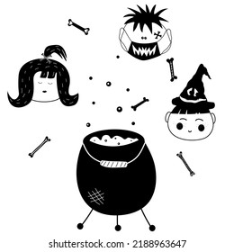 Cute children vector illustration for Halloween. Children's faces, potion in cauldron and bones on a card
