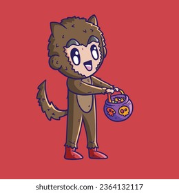 Cute Children Vector Illustration in Halloween Werewolf Costume to go Trick or Treating. Happy Halloween.