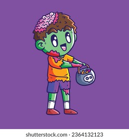 Cute Children Vector Illustration in Halloween Zombie Costume to go Trick or Treating. Happy Halloween.