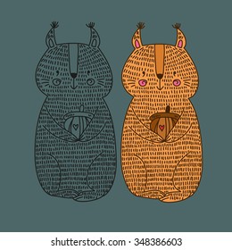 cute children vector sketch with forest animals squirrel with acorn