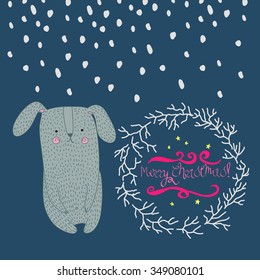 cute children vector sketch of a forest pet rabbit and christmas snow and wreath