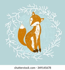 cute children vector sketch of a winter forest animal fox. Christmas card