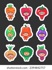 Cute children in vegetables costumes. Sticker Bookmark. Adorable boys and girls cartoon characters in clothes carrot, pepper, tomato, corn, pumpkin, eggplant, onion, broccoli, beet.