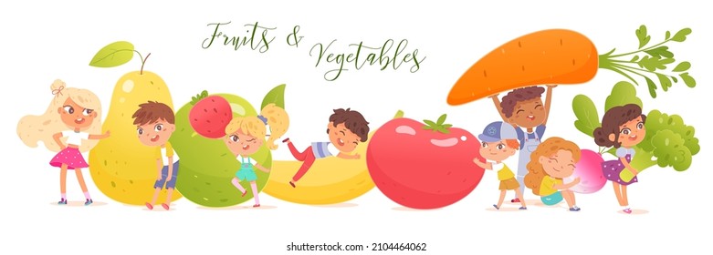 Cute children with vegetables and fruits vector illustration. Cartoon small funny boy girl child characters standing and sitting with summer healthy food, fruits vegetables text isolated on white