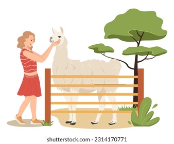 Cute children walking in safari park. Happy girl spending the day visiting Zoo and hugging llama. For African animals, safari, tourists concept. Cartoon vector illustration in flat style