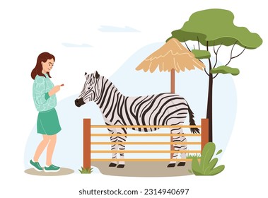 Cute children walking in safari park. Happy girl spending the day visiting Zoo and feeding a zebra. For African animals, safari, tourists concept. Cartoon vector illustration in flat style