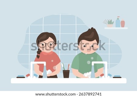Cute children wash hands with soap in bathroom. Brother and sister clean arms of germs with foam. Infection prevention. Hygiene procedure. Caucasian kids lather hands and wash off. Vector illustration