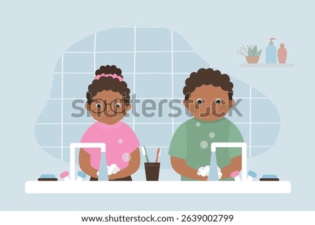 Cute children wash hands with soap in bathroom. Brother and sister clean arms of germs with foam. Infection prevention. Hygiene procedure. African american kids lather hands and wash off. flat vector