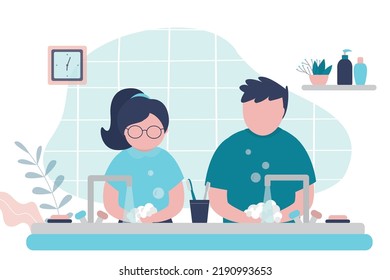 Cute Children Wash Hands With Soaps In Bathroom. Brother And Sister Clean Arms Of Germs With Foam. Infection Prevention. Hygiene Procedure. Teenagers Lather Hands And Wash Off. Vector Illustration