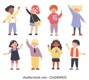 Cute children waving hand cartoon characters collection, flat vector illustration isolated on white background. Cheerful kids greeting and saying hello with gestures.