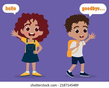 cute children waving their hands in greeting. boys and girls greet, raising hands